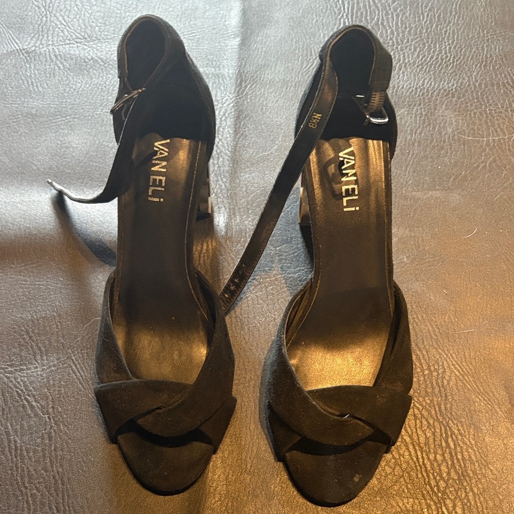 VANELi Black Suede Sandals with Iridescent Mosaic Heel – Size 8.5 – $42